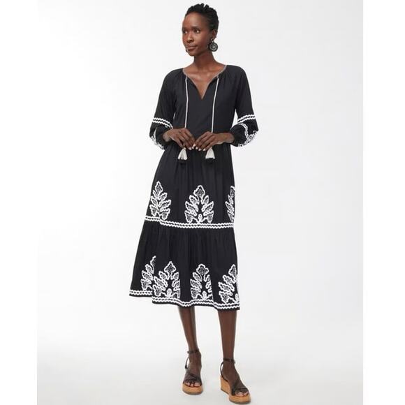 Chico’s Embroidered Boho Midi Dress Black White Size 3 XL 16 Resort Cruise - Picture 1 of 11